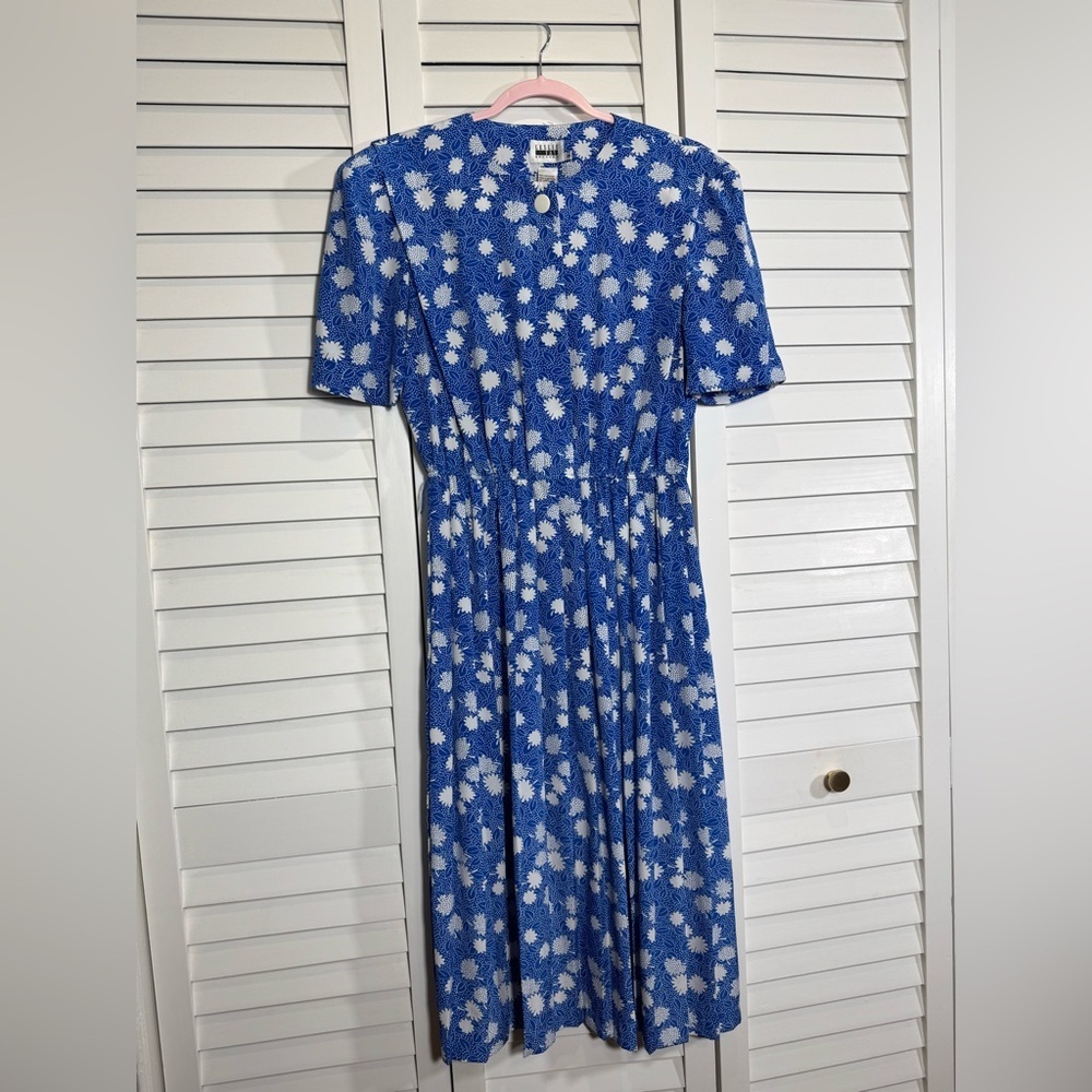 Vintage Leslie Fay  Blue and White Buttoned Sundress w Elastic Waist Size 10